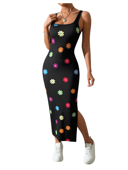 GORGLITTER Women's Floral Print Bodycon Midi Dress Slit Summer Sleeveless Square Neck Tank Dresses Black Medium