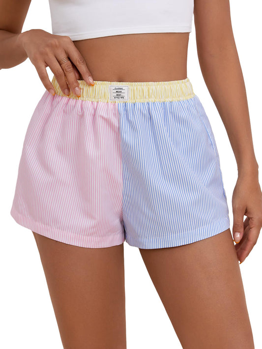 Women Elastic Waist Shorts Striped Print Multicolor Large