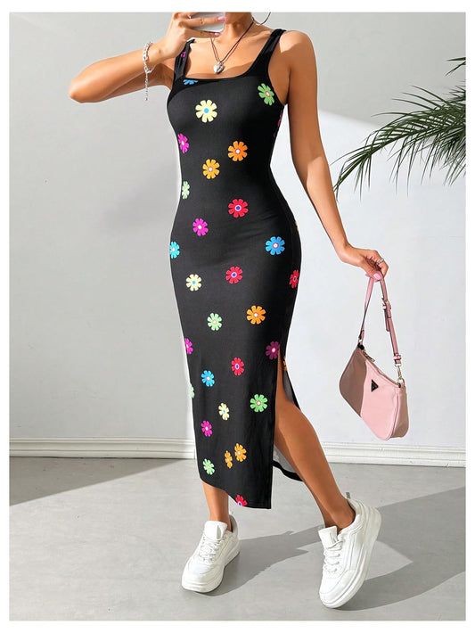 GORGLITTER Women's Floral Print Bodycon Midi Dress Slit Summer Sleeveless Square Neck Tank Dresses Black Medium