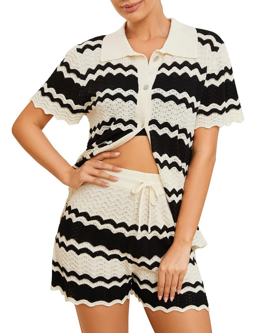 Moreone 2 Piece Lounge Set Women Short Sleeve Striped Crochet Knit Sets Two Piece Button Up Pajamas with Drawstring Shorts Matching Set Black M