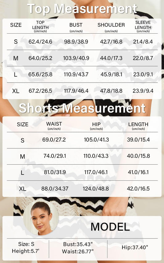 Moreone 2 Piece Lounge Set Women Short Sleeve Striped Crochet Knit Sets Two Piece Button Up Pajamas with Drawstring Shorts Matching Set Black XL